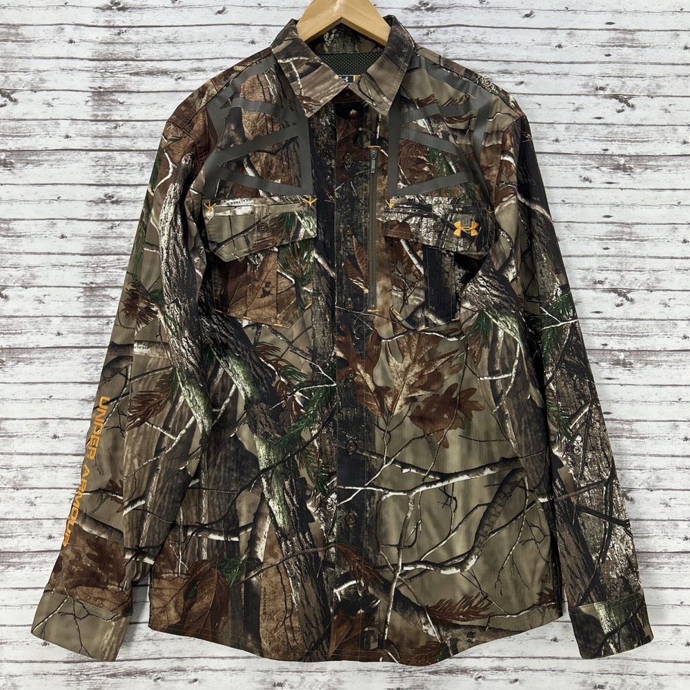 Under Armour Shirt Men's M Camo Realtree Long Sleeve Hunting Vented Zip Pocket